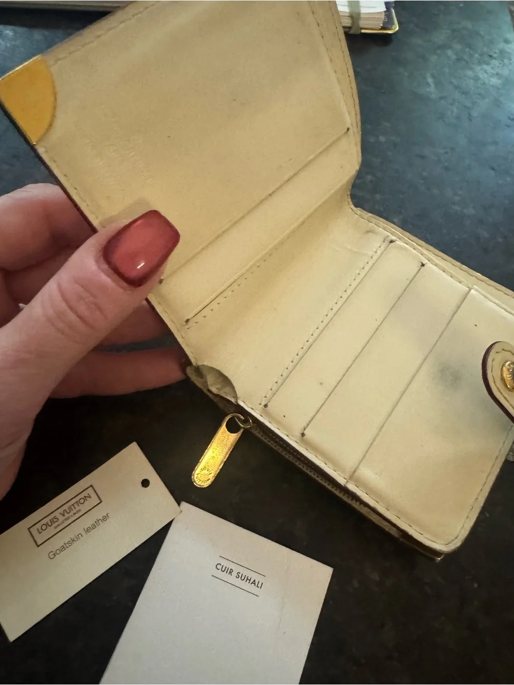 Louis Vuitton Cream Goatskin Leather Bifold Wallet with Gold Accents